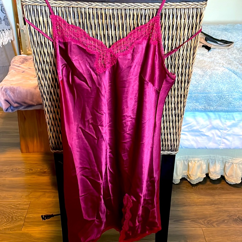 NWT Victoria Secrets Victoria’s Secret red wine Satin Lace Trim Night Gown